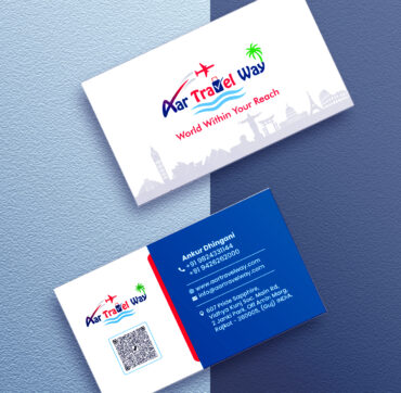 Aar Travel Way business card design showcasing travel agency branding with 350 GSM Thermal Matt, Spot UV finish, and rounded edges.