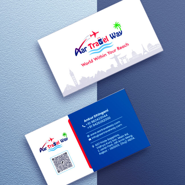 Aar Travel Way business card design showcasing travel agency branding with 350 GSM Thermal Matt, Spot UV finish, and rounded edges.