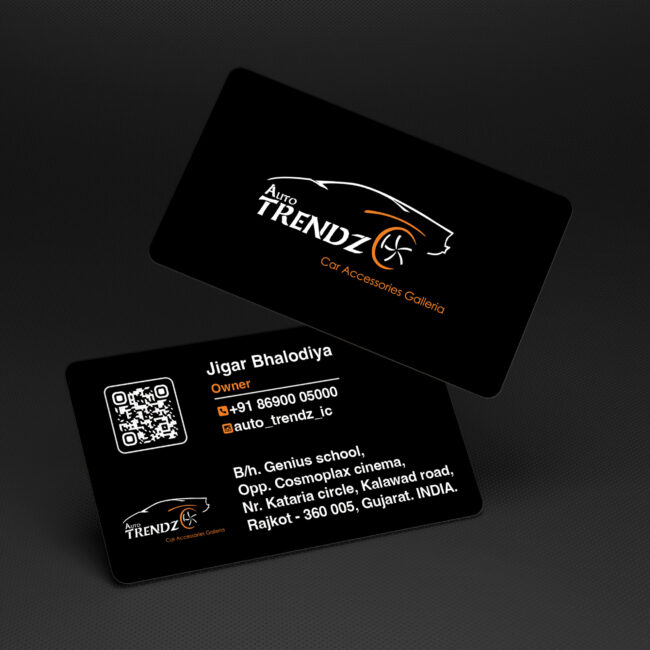 Premium business card featuring UV printing, embossed textures, and high-end finishing, designed by Trezine Studios LLP for bold branding.
