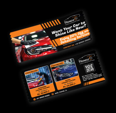 A premium discount coupon featuring high-quality printing, UV effects, and elegant design, crafted by Trezine Studios LLP for standout branding.